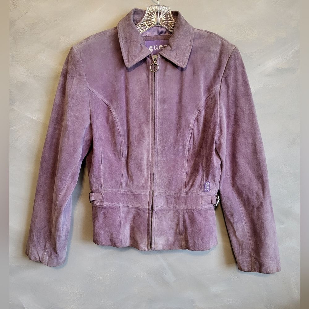 Vintage GUESS Leather Suede Short Lavender Cinch Waist Jacket Size M - Picture 1 of 15